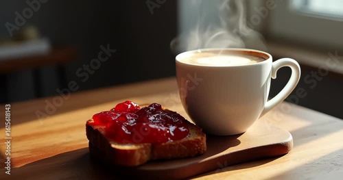Cup of Cappuccino and Toast with Jam in Warm Light. Simple Breakfast with Cappuccino and Buttery Toast. Rustic Coffee and Toast Scene in Minimal Aesthetic.