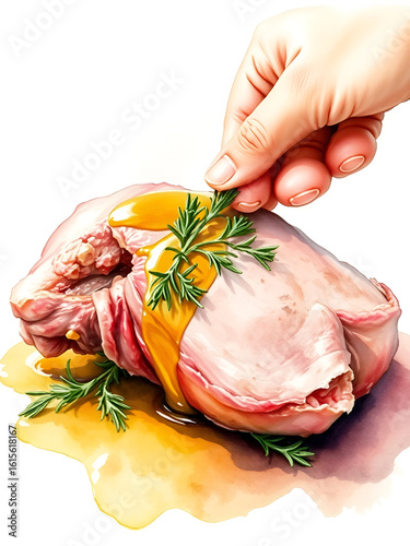 Watercolor of a hand basting lamb with rosemary-infused oil, with delicate brushstrokes and warm, earthy colors