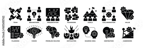 Icon Set of Teamwork, Brainstorm, Presentation, Goals, Collaboration, Value, Planning, Vision and more. Icon Glyph Style