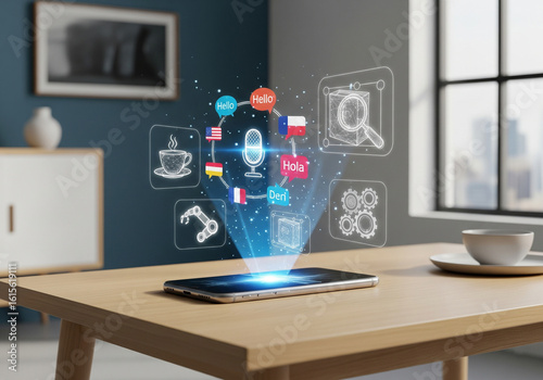 Smartphone with holographic language translation and AI icons