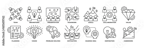 Icon Set of Teamwork, Brainstorm, Presentation, Goals, Collaboration, Value, Planning, Vision and more. Icon Outline Style