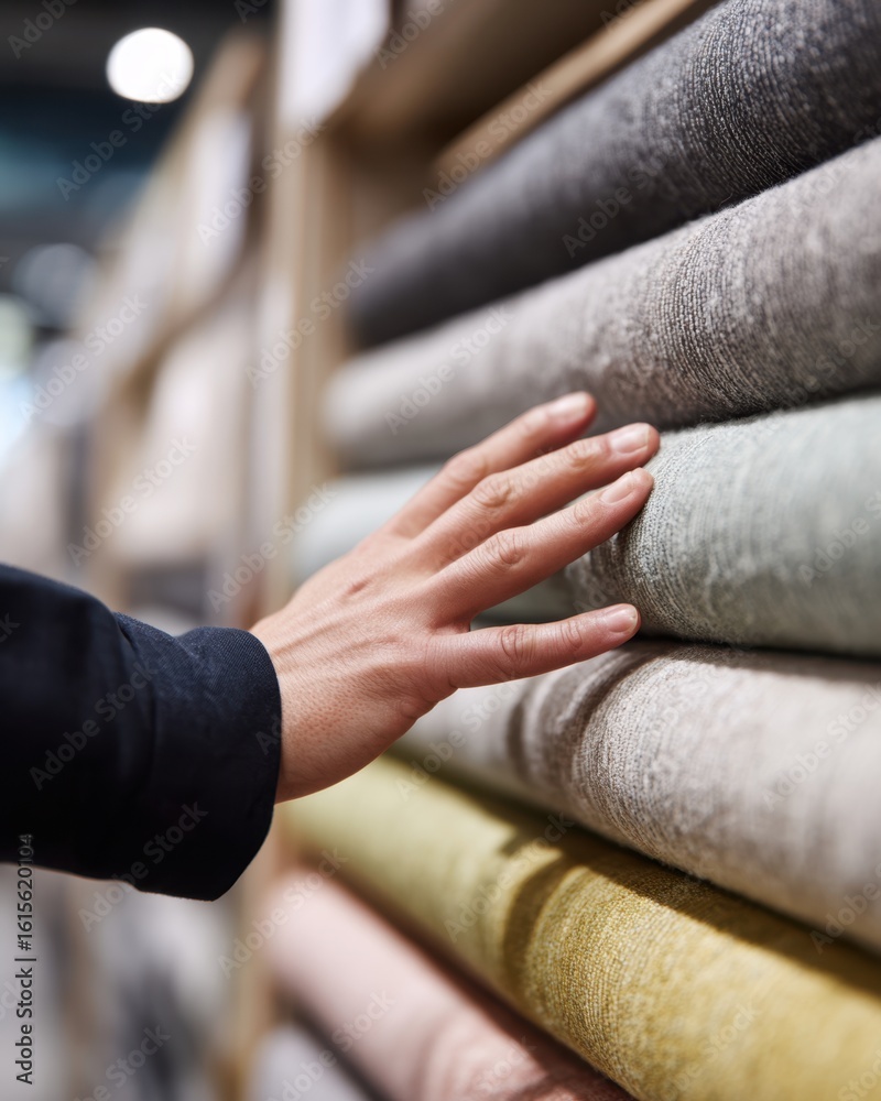Obraz premium Exploring texture and quality of fabrics in a textile store,National Sewing Month