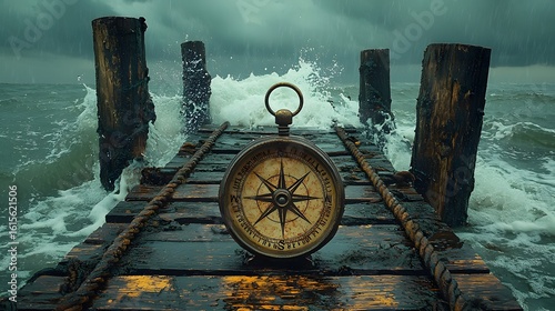 An antique brass compass is shown in a dynamic close-up, surrounded by splashing water and resting on a rustic wooden surface