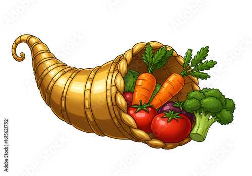 Illustration Of A Golden Cornucopia Filled With Assorted Vegetables