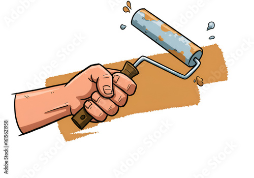 Illustration Of A Hand Holding A Paint Roller With Brown Paint And Splashes