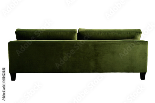 a green couch with a wooden legs and a pillow