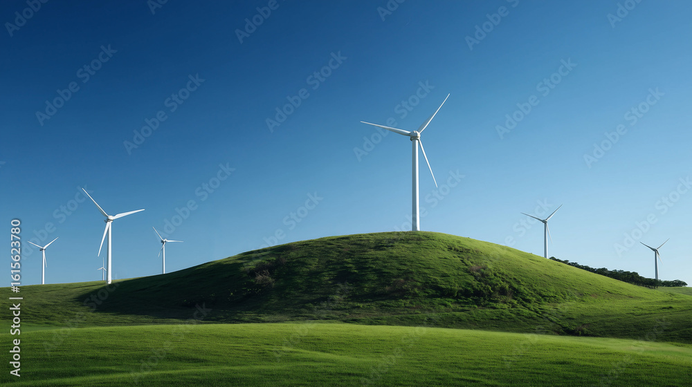 Fototapeta premium Wind turbines on a green hill with a bright blue sky. Clean energy and sustainability concept.