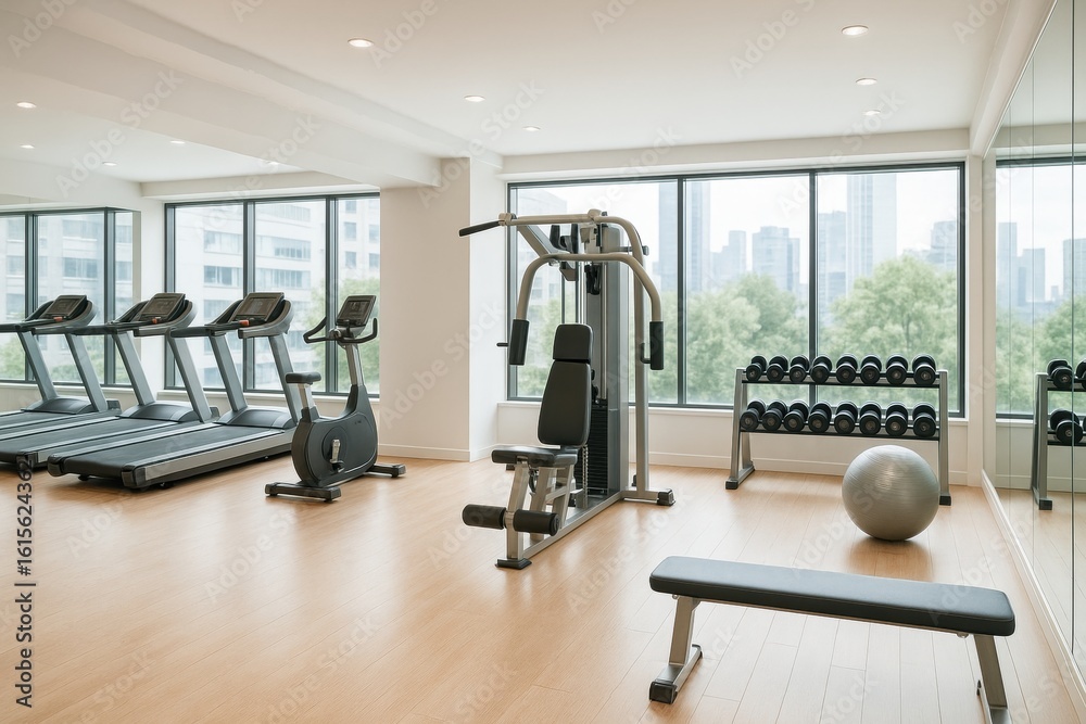 Fototapeta premium Modern Gym Interior: A bright, inviting gym space features various exercise machines, offering a vibrant setting for fitness and well-being. The composition highlights the tools, machines.