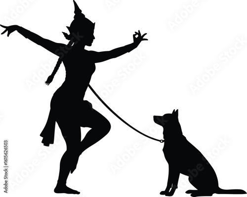 Silhouette of Thai traditional dancer holding dog leash, cultural performance with pet, artistic pose, Southeast Asia heritage, elegant costume, animal companion, vector illustration
