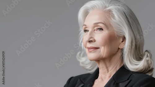 Beautiful gorgeous 50s mid aged mature woman looking at camera An elegant older woman with white hair looks confidently upward, dressed in a black blazer, against a plain grey background.