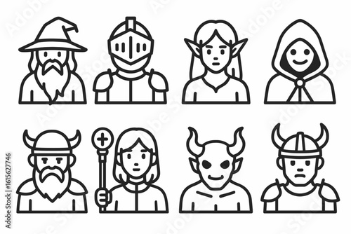 Fantasy RPG Character Icons Set – Wizard, Knight, Elf, Cleric, Demon, Viking, Hero