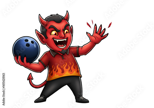 Illustration Of A Devil Cartoon Bowling Character In Fiery Red Shirt