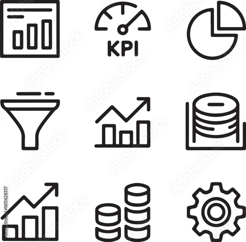 Performance Metrics & Strategy Outline Icon Pack – Dashboard, KPIs, Pie Chart, Conversion Funnel, Forecasting Arrow, BI Tools, and Data Trends
