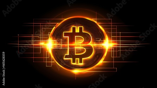 A glowing bitcoin symbol surrounded by a network of orange lines on a black background