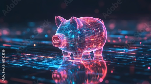 A digital piggy bank with a circuit board design on a reflective surface with pink and blue lighting