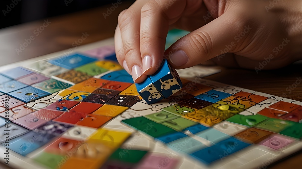 Fototapeta premium A close-up of hands assembling a puzzle or playing a board game