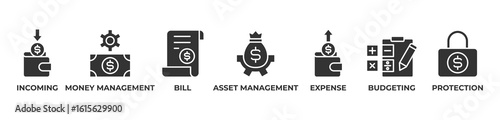 Comprehensive Money Management Icons set vector illustration glyph with Incoming, Money management, Bill, Asset management, Expense, Budgeting, Protection