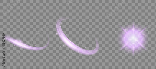 Purple Light Effects Set. Glowing Spirals, Swirls and Magic Orb on Transparent Background