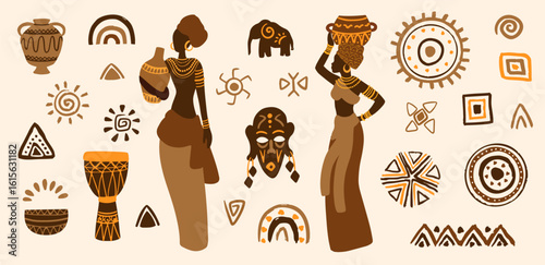 African woman and Boho abstract shapes collection