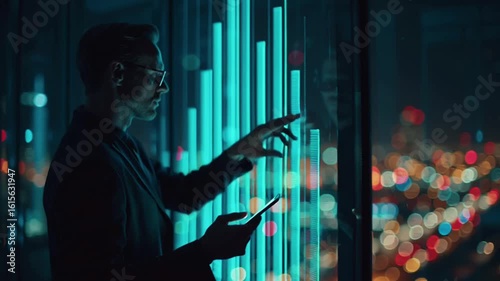 A futuristic businessman glass walled skyscraper night, glowing holographic bar chart projected tablet bars rise swipes gestures air, city glass lighting, cinematic tech noir aesthetic, tracking shot