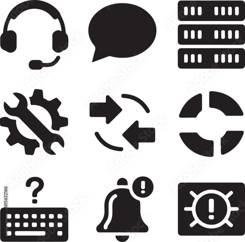 Remote Assistance & Troubleshooting Silhouettes – Headphones, Chat Support, Server Rack, Software Tools, Question Mark, Update Icon, and Keyboard Help