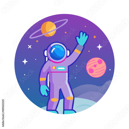 Illustration of an astronaut in a purple spacesuit waving in space with planets and stars background design