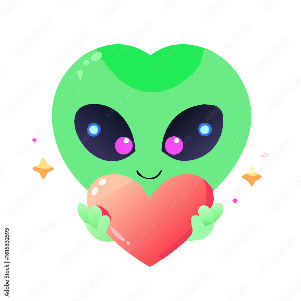 Fototapeta premium A happy green alien with large eyes holds a gradient red heart against a white background and sparkles