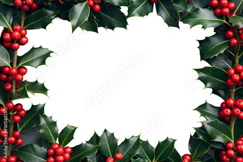 Festive christmas holly leaves and red berries frame with a blank white space in the center, isolated on transparent background