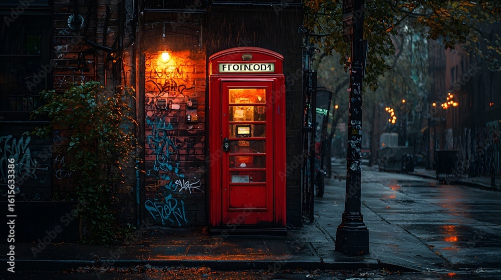 Fototapeta premium A vintage payphone booth glows with a mysterious red neon light on a dark, graffiti-covered brick wall in an urban street at night