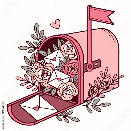 Romantic mailbox filled with love letters and roses for valentine's day greeting card design