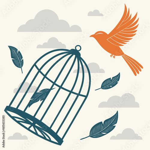 Bird cage freedom escape vector illustration with bird flying away from cage in the sky design art