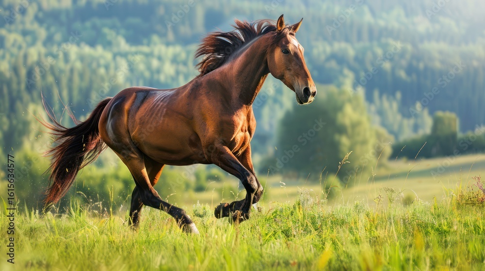 Fototapeta premium Brown horse running in a meadow
