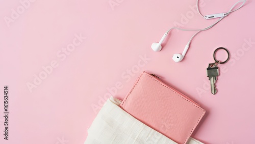Flat Lay Composition Featuring a Pink Wallet, White Earphones, and Keys on a Pastel Pink Surface, Ideal for Lifestyle and Everyday Carry Concepts with Copy Space