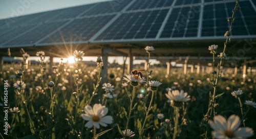 Wallpaper Mural A bee on a daisy in a field of daisies under solar panels with the sun shining in the background Torontodigital.ca