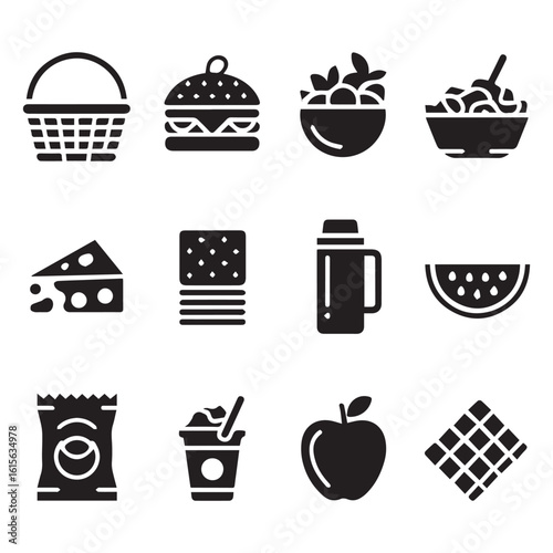 Vector art of a collection of twelve black food icons representing various items like a picnic basket, burger, salad, cheese, and fruits