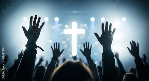 Worshipful Congregation Raising Hands in Praise Before Illuminated Christian Cross, Spiritual Gathering, Religious Devotion, Concert Environment