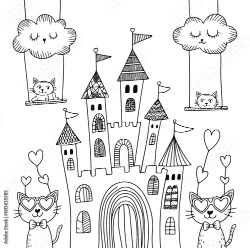 Seamless cartoon vector pattern featuring a whimsical village of fantasy castles and houses