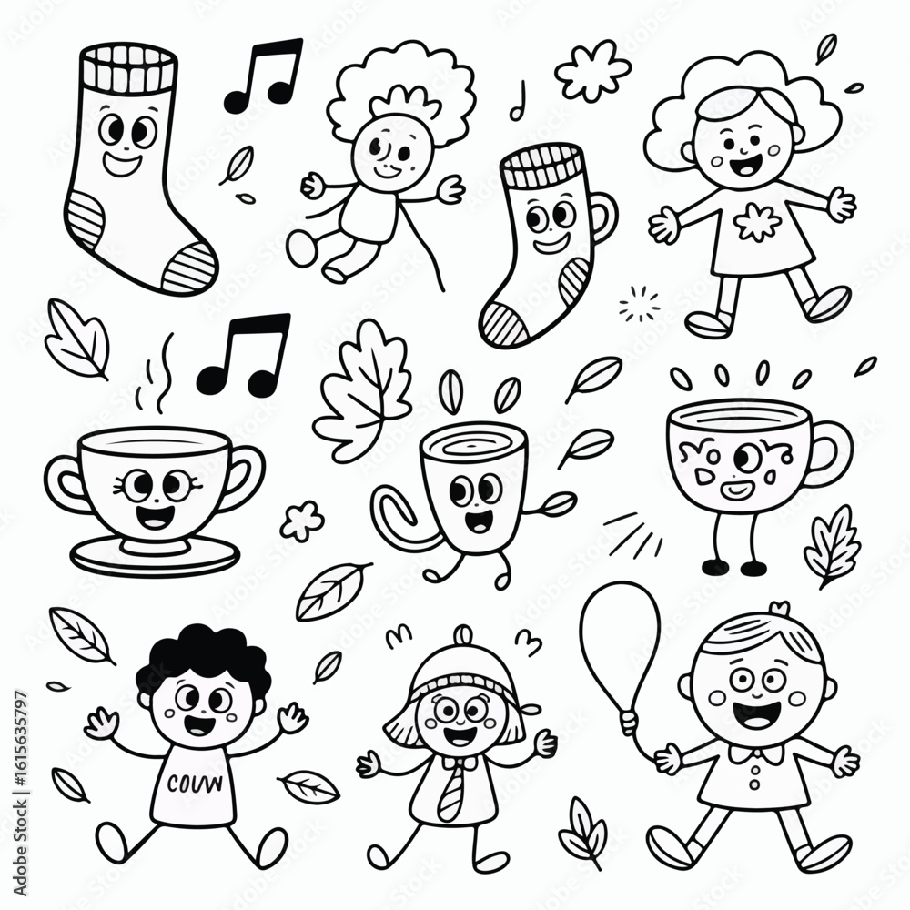 Fototapeta premium Hand-drawn doodle set of funny cartoon icons featuring children, food, and cats perfect for a seamless vector pattern or holiday design illustration