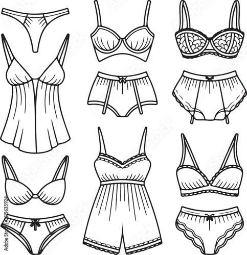Stylish Underwear & Lingerie Vector Icon Set – Thong, Bra, Boyshorts, Bustier, Nightgown, Bikini Briefs, Pajamas, Chemise, and Sleepwear Line Art