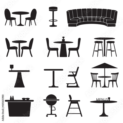 Vector art of a comprehensive collection of black silhouette icons representing various furniture and dining items, including tables, chairs, sofas, and bar stools