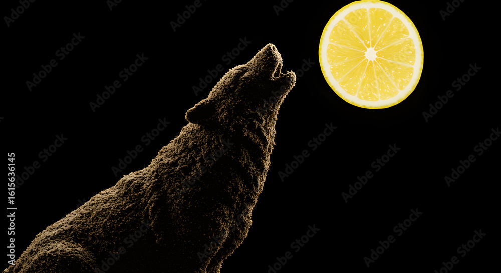 Silhouette of a Howling Wolf Made from Soil with a Lemon Moon Silhouette of a Howling Wolf Made from Soil with a Lemon Moon