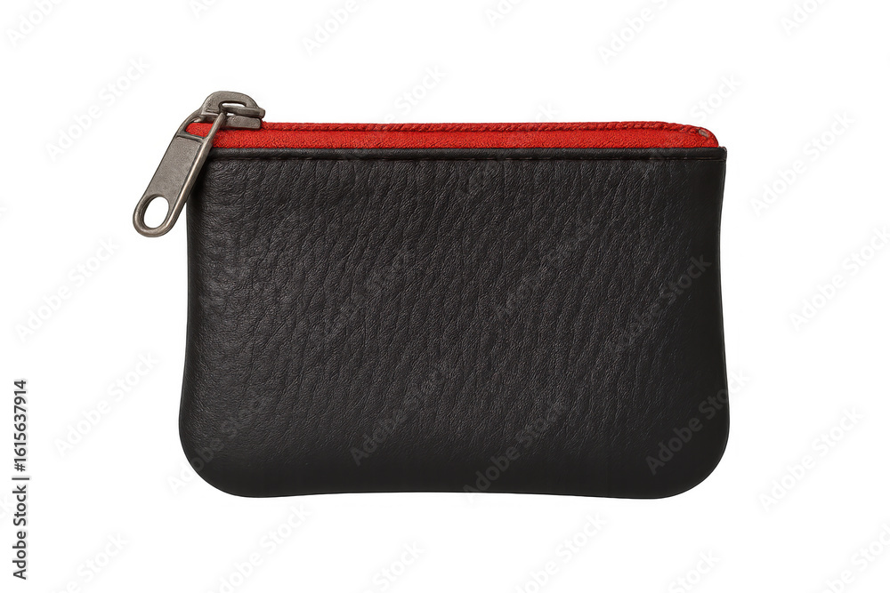 Naklejka premium Small black leather coin purse with red zipper isolated on transparent background, perfect for storing coins or small items