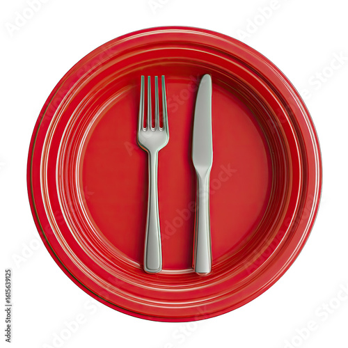 Red plate with a silver fork and knife