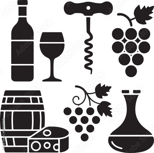 Wine Essentials Silhouette Icons – Wine Bottle, Glass, Corkscrew, Grapes, Barrel, Cheese, Decanter, and Vineyard Row