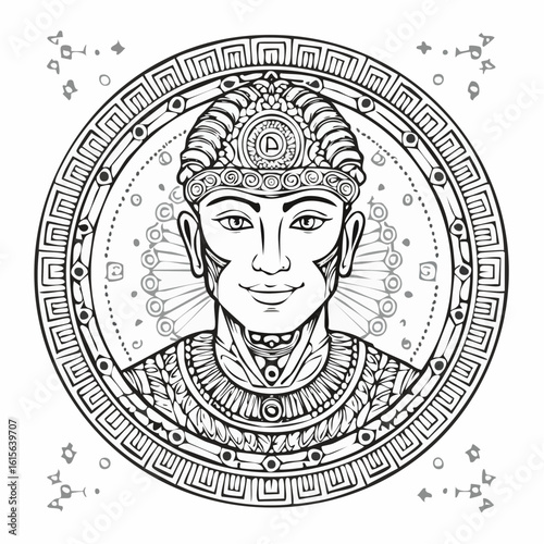 Grunge black ink vector stamp featuring an ancient Egyptian god skull and abstract background symbol