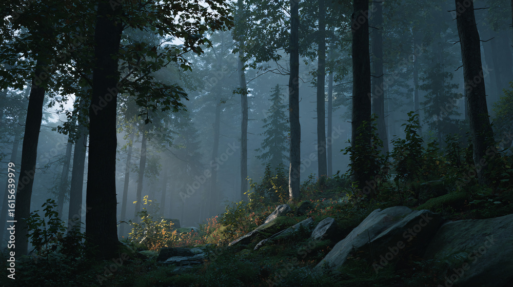 Fototapeta premium Tranquil Morning Light Filtering Through Foggy Forest