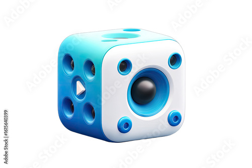 Cube-shaped media player, blue and white