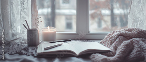 Cozy Winter Window Seat with Journal Candle and Blanket