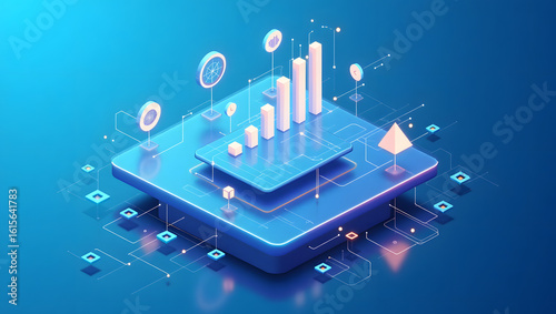 Isometric data analytics platform with a growing bar chart. Digital technology and business intelligence concept for financial growth.