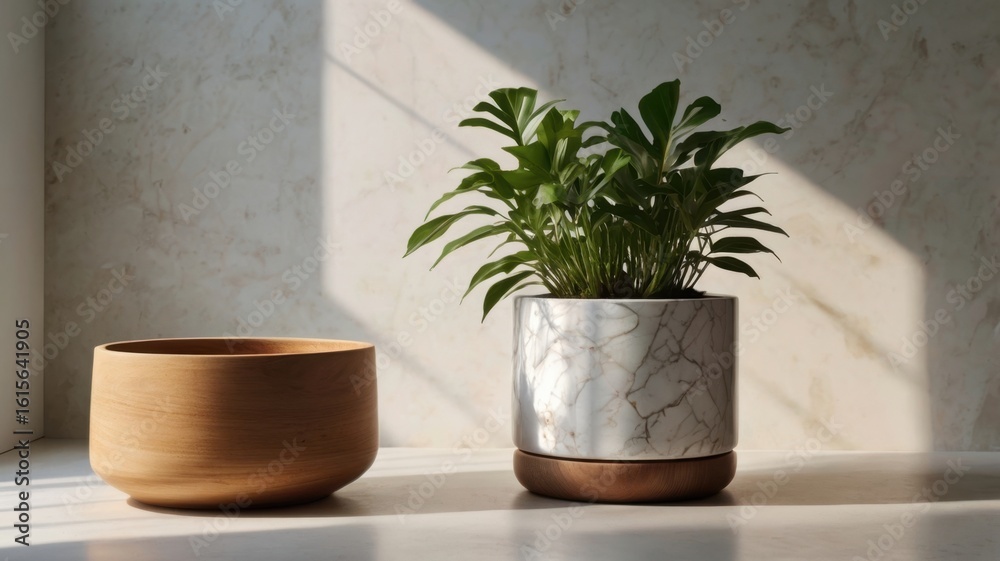 Fototapeta premium A plant in a marble pot and an empty brown pot on a white surface with sunlight shining on them